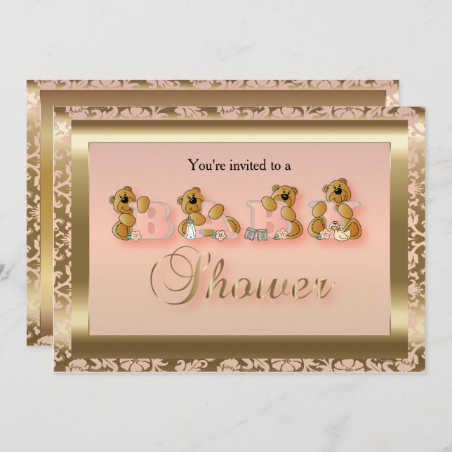 Peach & Gold Damask mit Teddy Bears | Babydusche Einladung (Vorne/Hinten)