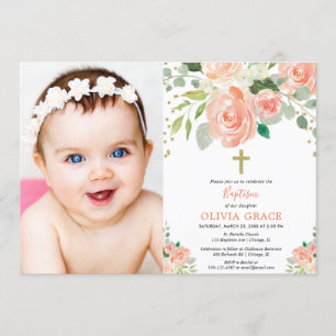 Peach gold floral Aquarellfarben Taufe Mädchen Fot Einladung