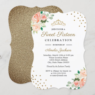 Peach Gold Floral Confetti 16 . Geburtstag Einladu Einladung