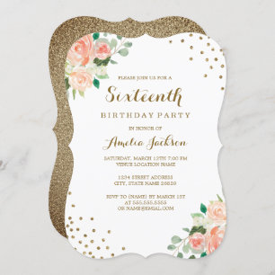 Peach Gold Floral Confetti 16. Geburtstagsparty Einladung