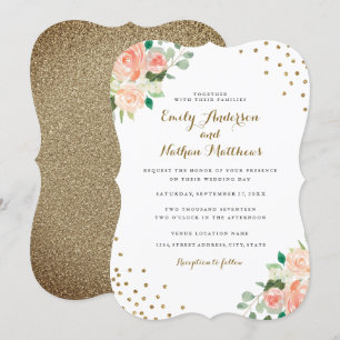 Peach Gold Floral Confetti Hochzeit Einladung