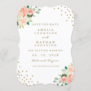 Peach Gold Floral Confetti Hochzeit Speichern Sie  Save The Date