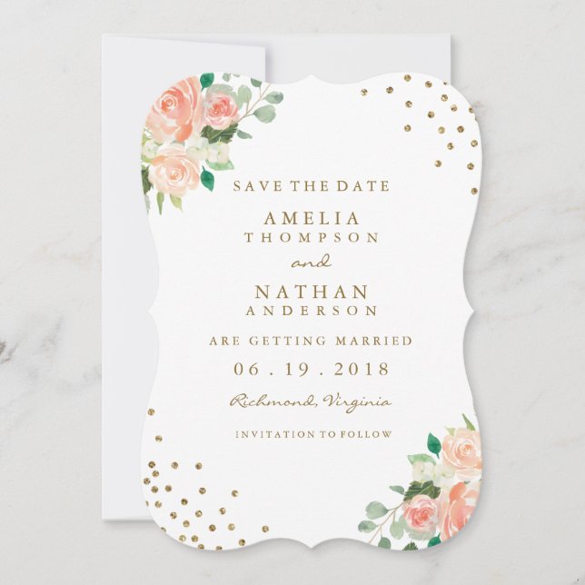 Peach Gold Floral Confetti Hochzeit Speichern Sie  Save The Date (Vorderseite)