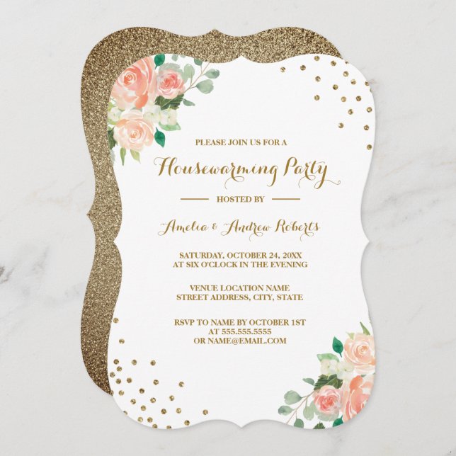 Peach Gold Floral Confetti Housewarming Party Einladung (Vorne/Hinten)