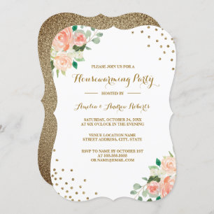Peach Gold Floral Confetti Housewarming Party Einladung