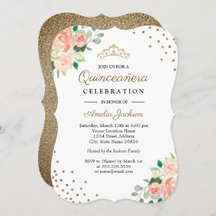 Peach Gold Floral Confetti Quinceanera Einladung