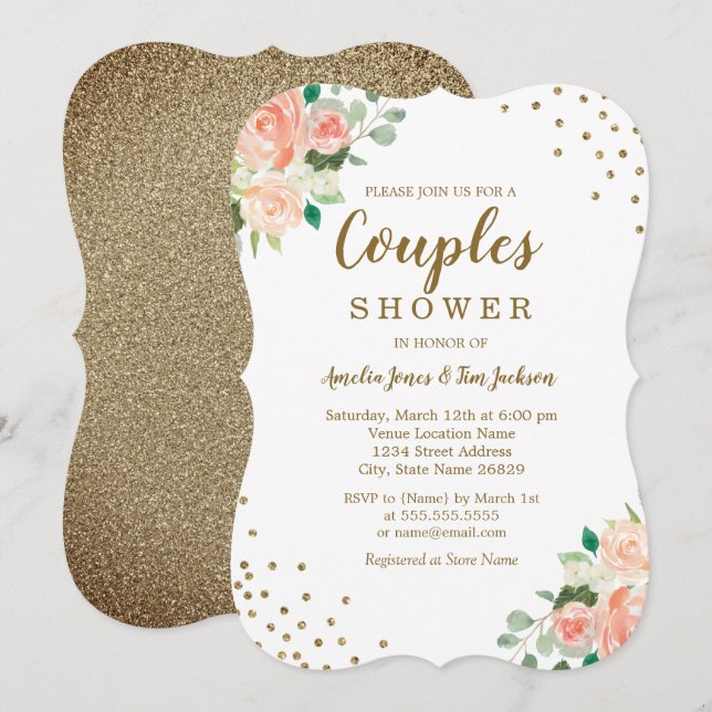 Peach Gold Floral Confetti Wedding Couples Dusche Einladung (Vorne/Hinten)