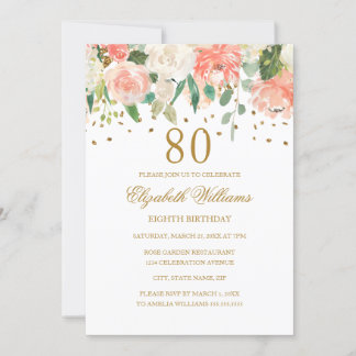 Peach Gold Floral Einladung zum 80. Geburtstag