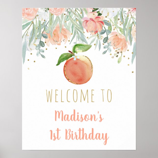 Peach Gold Floral Geburtstag Willkommen Poster (Vorne)