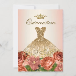 Peach Gold Floral Rose Quinceanera Einladung