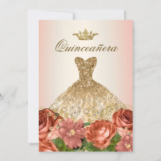 Peach Gold Floral Rose Quinceanera Einladung