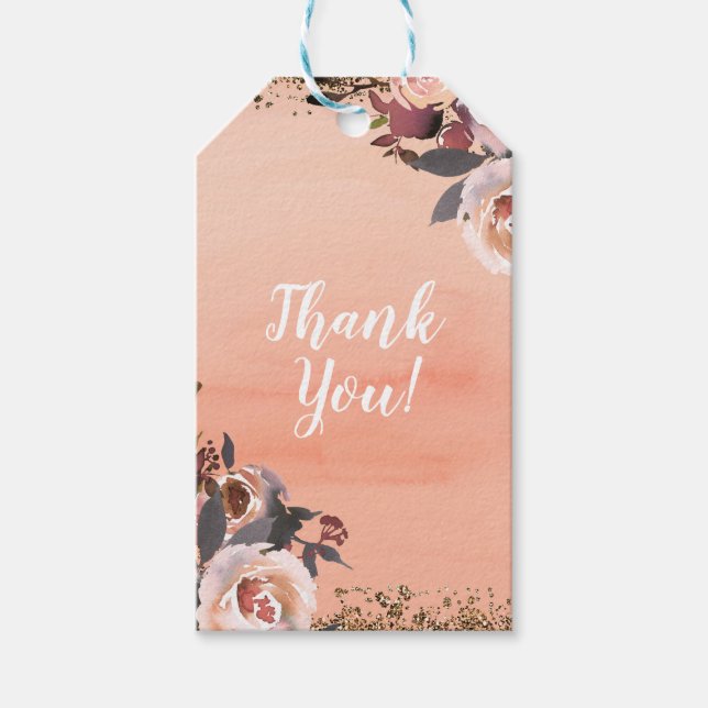 Peach & Gold Glitzer Blumenladen Modernes Brautpar Geschenkanhänger (Vorderseite)