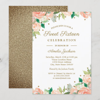 Peach Gold Glitzer Floral 16 . Geburtstag Einladun Einladung