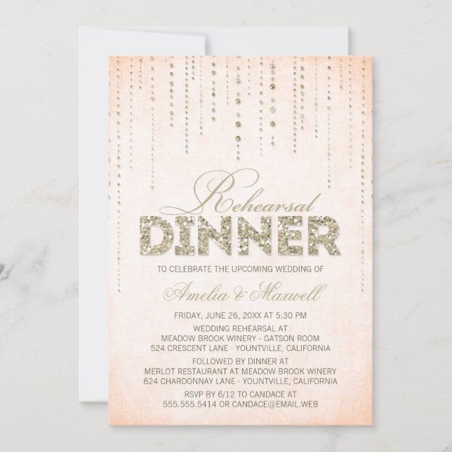 Peach & Gold Glitzer Look Probe Dinner einladen Einladung (Vorderseite)