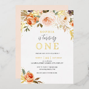 Peach Gold Orange Floral Girl 1. Geburtstag Folieneinladung