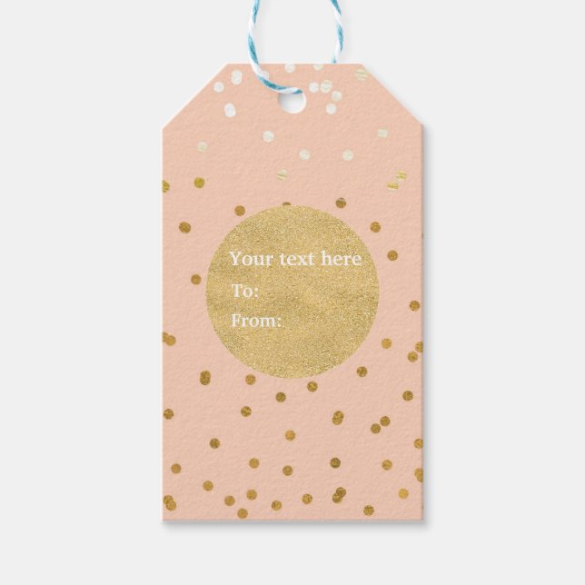 Peach & Gold Shiny Confetti Dots Chic Modern Geschenkanhänger (Vorderseite)