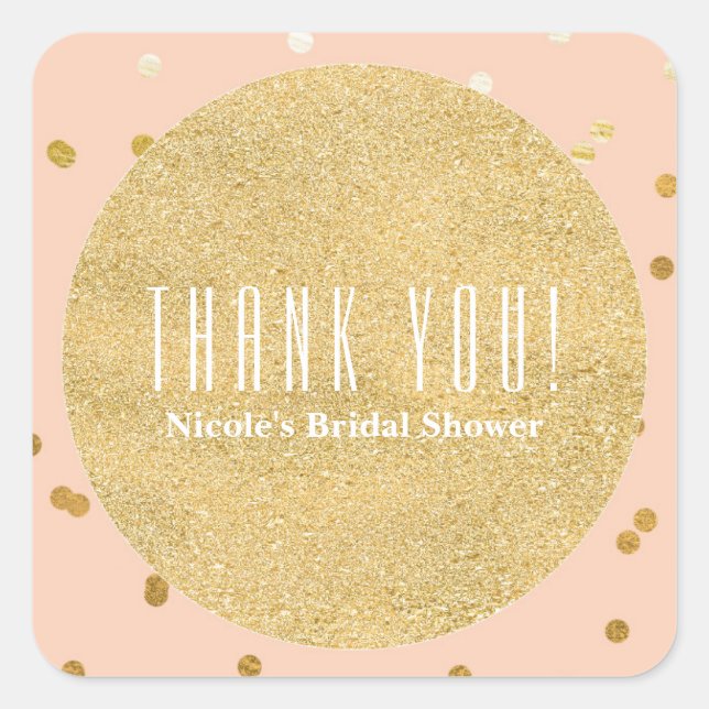 Peach & Gold Shiny Confetti Dots Modern Chic Gefal Quadratischer Aufkleber (Vorderseite)