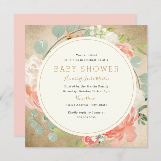 Peach Gold Sparkle Wreath Floral Baby Dusche Einladung (Vorne/Hinten)