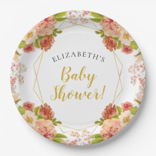 Peach Gold Watercolor Blume Kinderdusche Pappteller