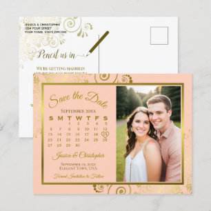 Peach & Gold Wedding Save the Date Calendar Foto Ankündigungspostkarte