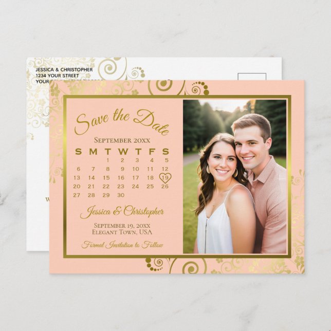 Peach & Gold Wedding Save the Date Calendar Foto Ankündigungspostkarte (Vorne/Hinten)
