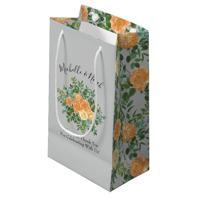 Peach Gray Wedding Spring Floral Kleine Geschenktüte (Vorderseite Schrägansicht)