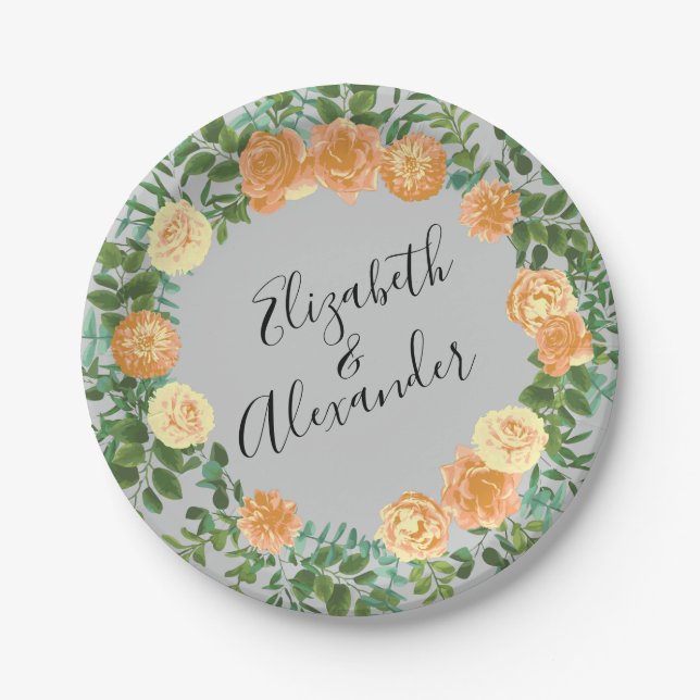 Peach Gray Wedding Spring Floral Pappteller (Vorderseite)