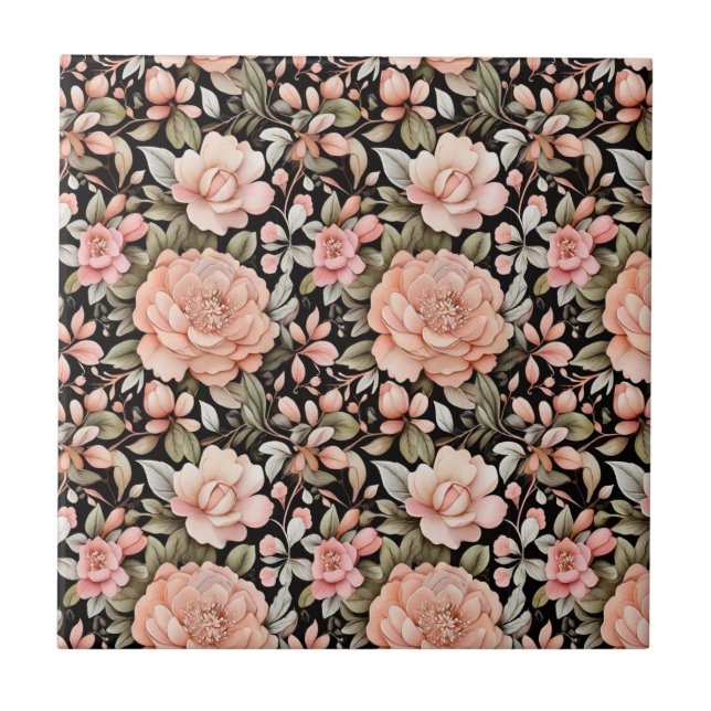 Peach Green Black Floral Küche Badezimmer Abstellr Fliese (Vorderseite)