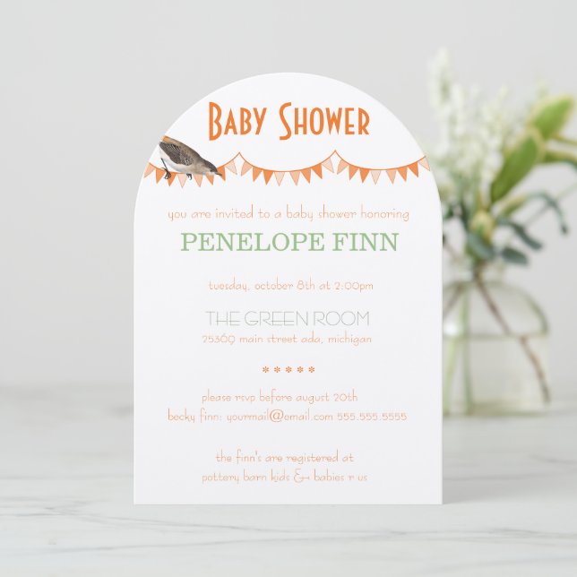 Peach Green Bunting Bird Baby Dusche Einladung (Stehend Vorderseite)