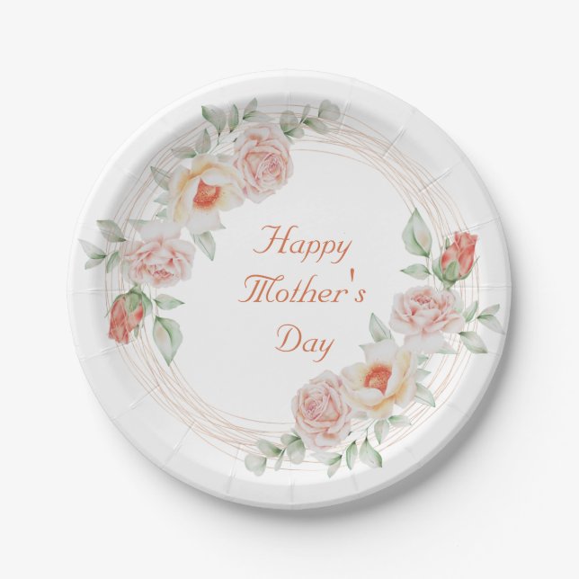 Peach Green Floral Elegant Happy Mother Day Pappteller (Vorderseite)