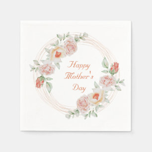 Peach Green Floral Elegant Happy Mother Day Serviette