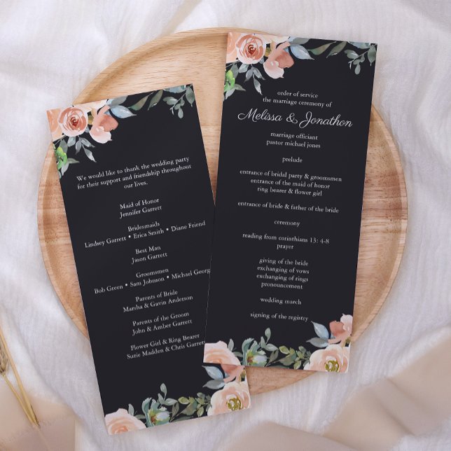 Peach Green Navy Pastel Floral Wedding Programm (Von Creator hochgeladen)