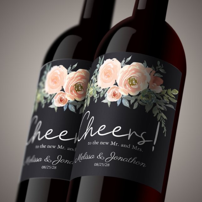 Peach Green Navy Pastel Floral Wedding Wine Label Weinetikett (Von Creator hochgeladen)