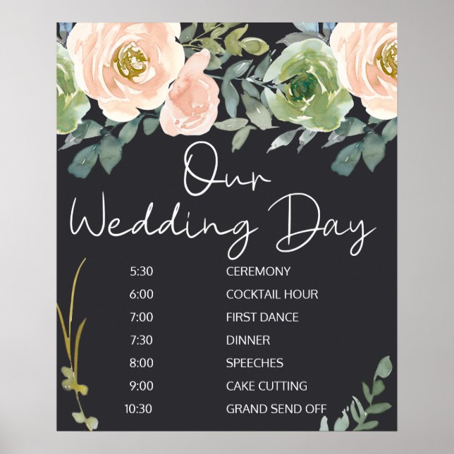 Peach Green Navy Pastel Floral Wedding Zeitplan Poster (Vorne)