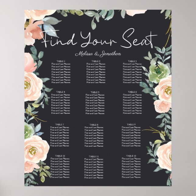 Peach Green Navy Pastel Hochzeitstabelle Poster (Vorne)