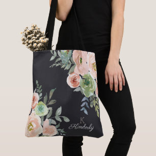 Peach Green Navy Pastel Initial Monogram Tote Bag