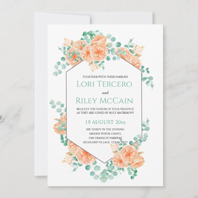 Peach Green Watercolor Floral Eukalyptus Wedding Einladung (Vorderseite)