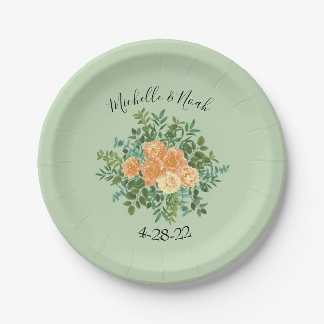 Peach Green Wedding Spring Pastel Floral Pappteller (Vorderseite)