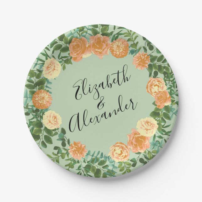 Peach Green Wedding Spring Pastel Floral Pappteller (Vorderseite)