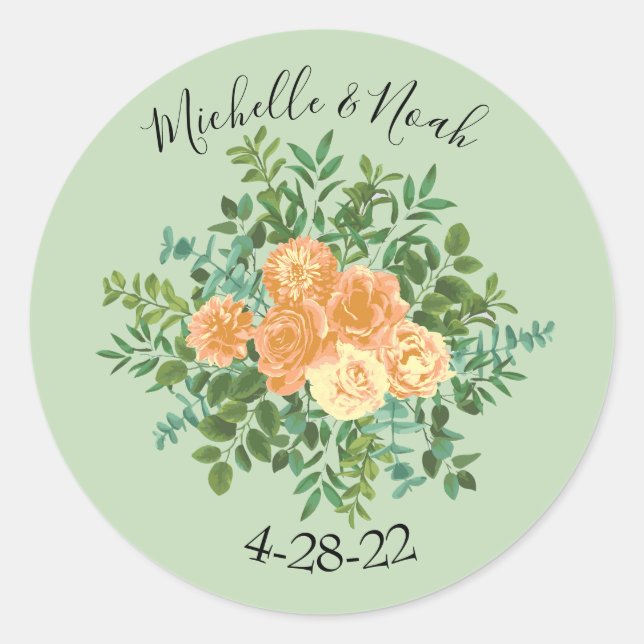 Peach Green Wedding Spring Pastel Floral Runder Aufkleber (Vorderseite)