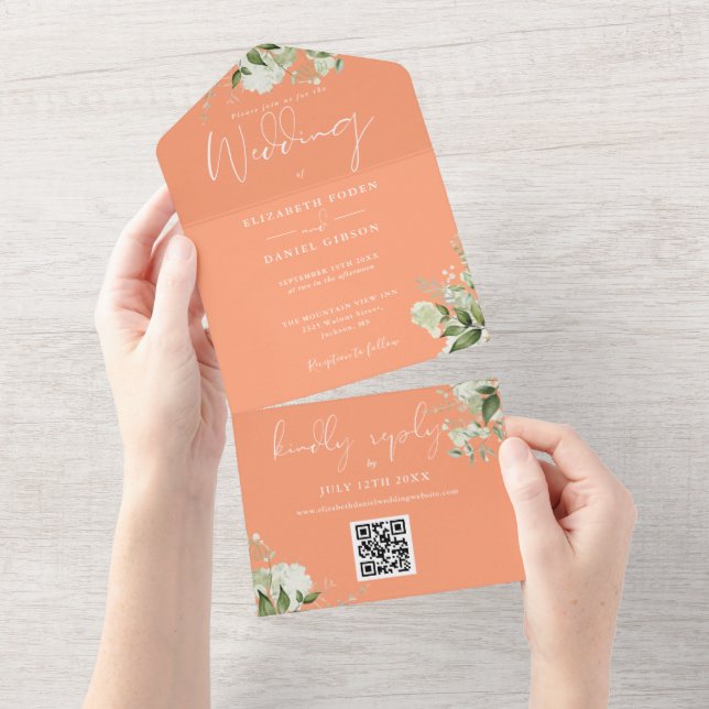 Peach Greenery Floral QR Code Monogram Wedding All In One Einladung (Abreißen)