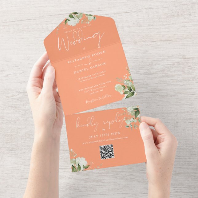 Peach Greenery Floral QR Code Monogram Wedding All In One Einladung (Abreißen)
