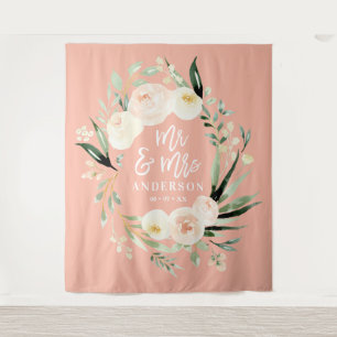 Peach + grün Mr. & Mrs. Aquarell Blumenhochzeit Wandteppich