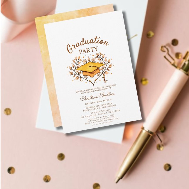 Peach Hand gezeichnet goldener Cap Abschluss Einladung (Transform Your Celebration with Elegance!)