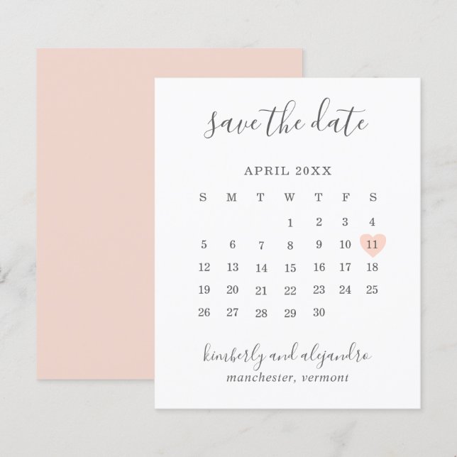 Peach Heart Calender Budget Hochzeit Speichern Sie (Vorne/Hinten)
