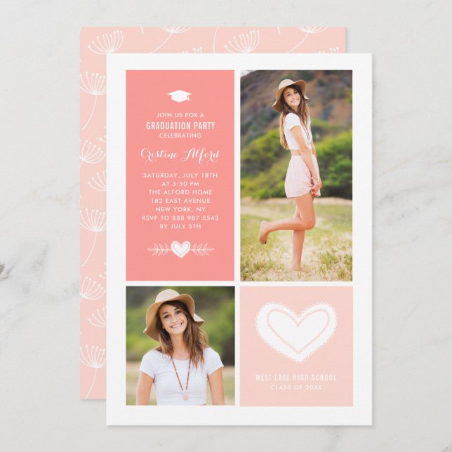 Peach Heart Doodles Foto Collage Abschluss Einladung (Vorne/Hinten)