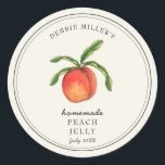 Peach im Vintagen Stil auf weißem Jelly-Glas Runder Aufkleber<br><div class="desc">Elegante Personalisierte Wasserfarbe Vintage Stil Peach Jelly Label bemalt. Verwenden Sie für Ihre hausgemachten Marmeladen oder alles,  was Sie wählen. Macht ein großartiges Geschenk. Füllen Sie Ihre Informationen auf Etikett aus und genießen Sie.</div>