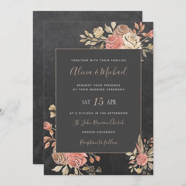 Peach Ivory Blush Moody Dark Gray Wedding Einladung (Vorne/Hinten)