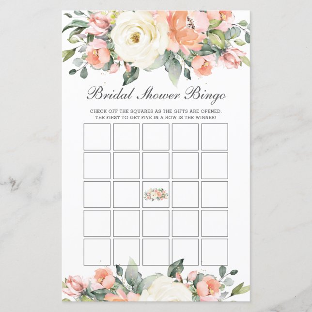 Peach Ivory Floral Brautparty Bingo Party Game (Vorderseite)