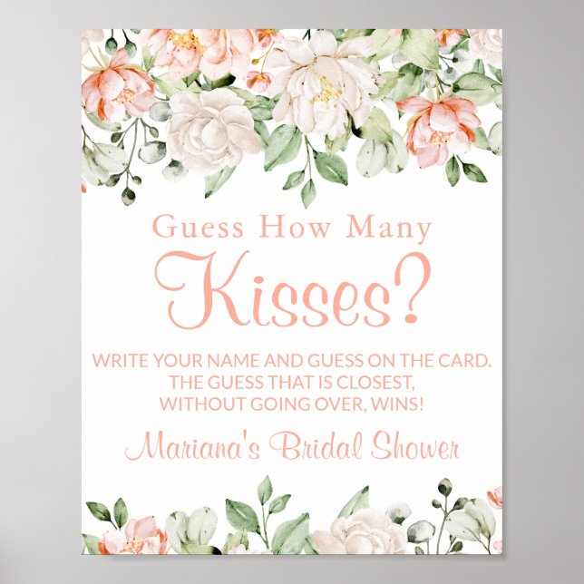 Peach Ivory Floral Kisses Brautparty Game Sign Poster (Vorne)